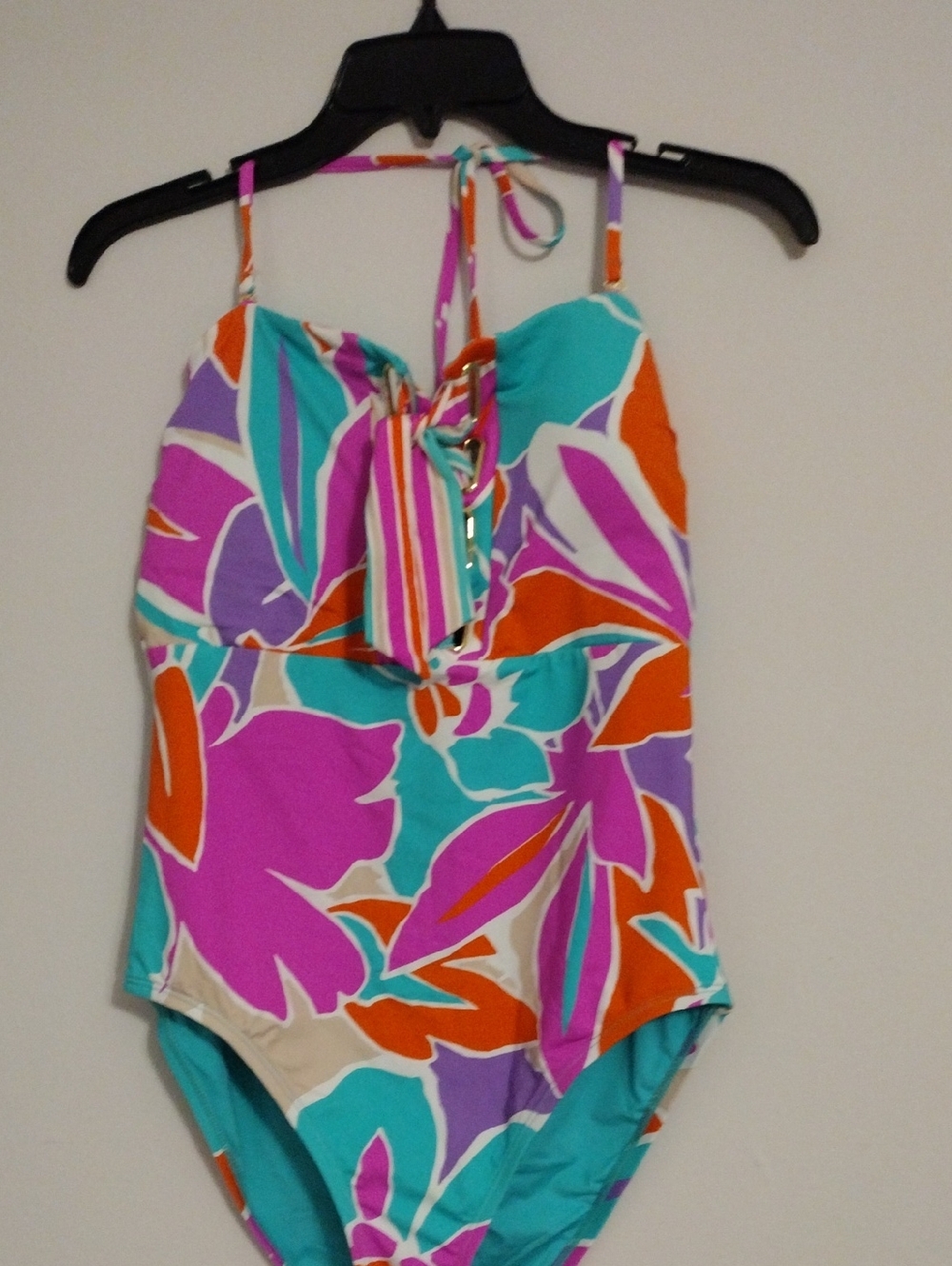 Trina Turk Teal, Purple & Orange One-Piece Swimsuit with Front Tie